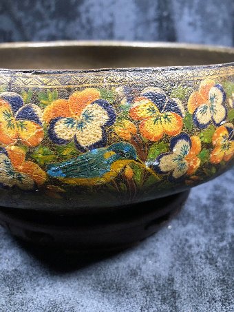 Antique 19th Century Indian Mughal Islamic gold inlay, painted Lacquer bowl