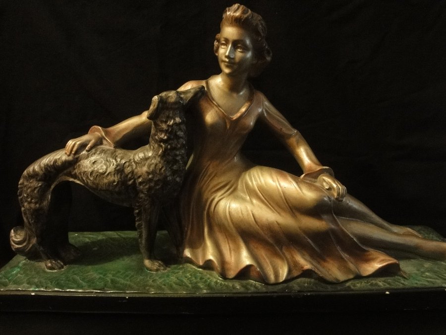 Art Deco plaster figure of Lady & Dog 