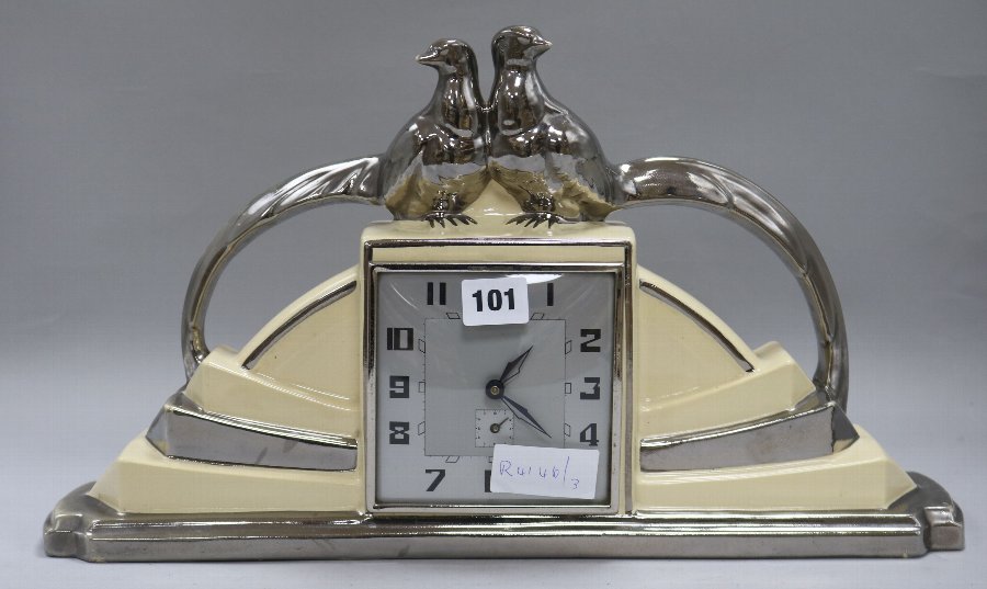 Art Deco French pottery mantel clock,1930s decorated with pheasants