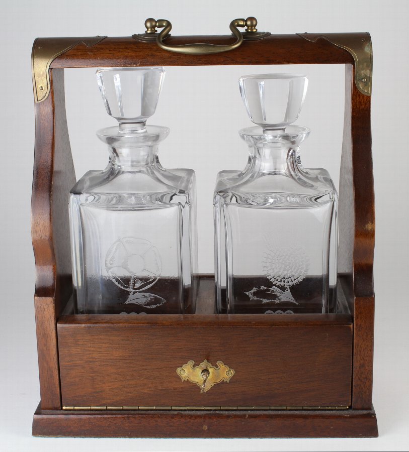 Antique Oak two decanter tantalus with brass mounts & handle ...