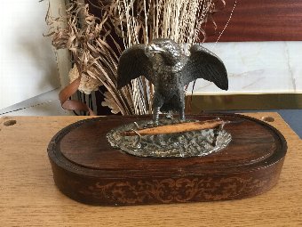 Late 19th Century  Silver Plate Eagle Sculpture Inkwell on Wooden Desk Stand