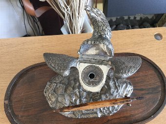 Antique Late 19th Century  Silver Plate Eagle Sculpture Inkwell on Wooden Desk Stand   