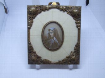 Vintage Miniature Portrait of Beautiful Woman  Signed  in Gilt Metal Frame inset with Ivory