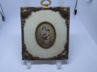 Vintage Miniature Portrait of Mother and Child Signed in Gilt Metal Frame inset with Ivory