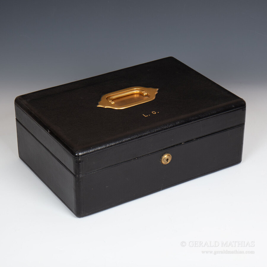 Antique 10079 An early 20th Century Black Morocco Leather Documents Box.