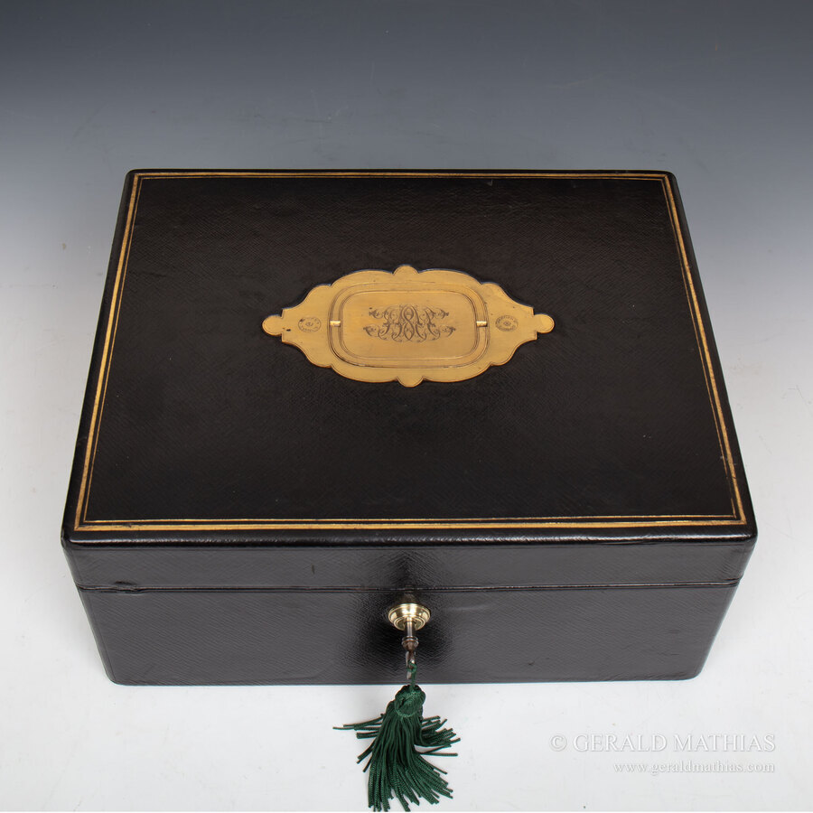 #9965 ASPREY Mnfr. to Her Majesty. A Victorian Black Morocco Leather Documents Box with Asprey’s ...