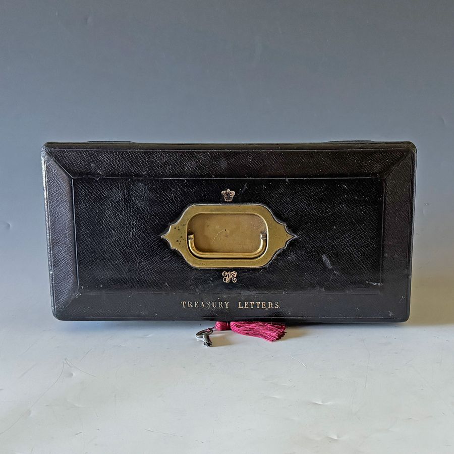 Antique #10182 An Oblong Victorian Black Leather Governmental Despatch Box ‘Treasury Letters’ C1850.