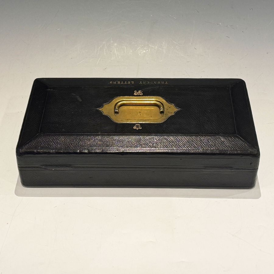 Antique #10182 An Oblong Victorian Black Leather Governmental Despatch Box ‘Treasury Letters’ C1850.