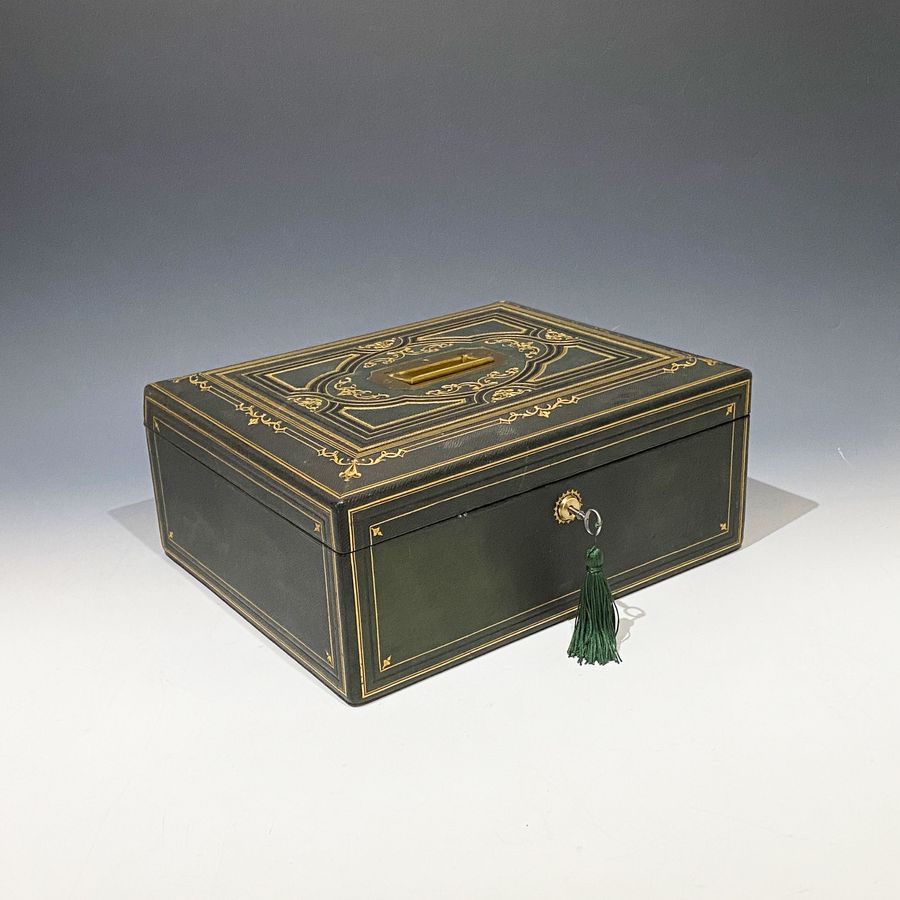 #10125 A Very Fine Victorian Green Embossed Grained Leather Combined Writing & Jewellery Box.