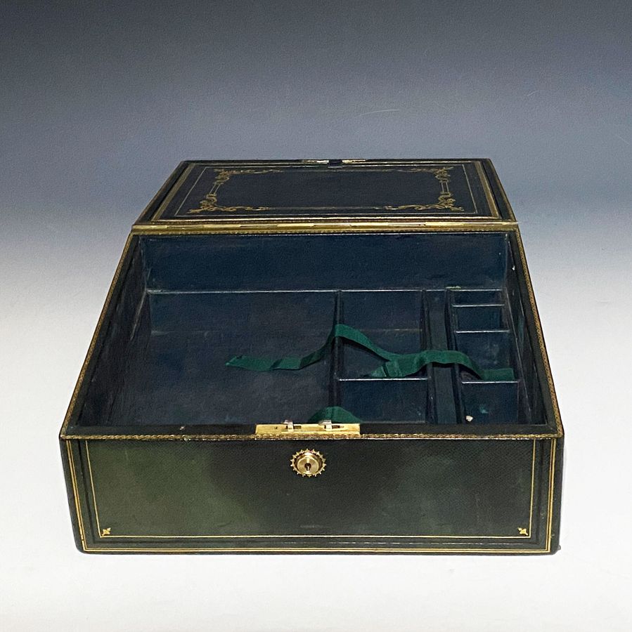 Antique #10125 A Very Fine Victorian Green Embossed Grained Leather Combined Writing & Jewellery Box.