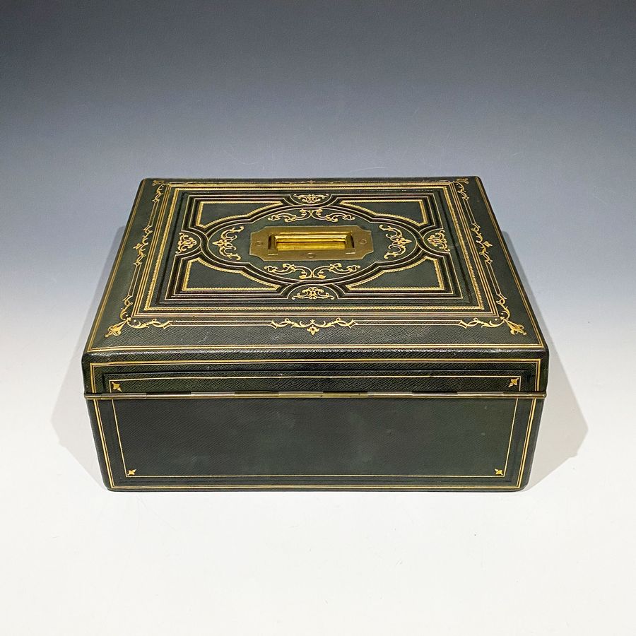 Antique #10125 A Very Fine Victorian Green Embossed Grained Leather Combined Writing & Jewellery Box.