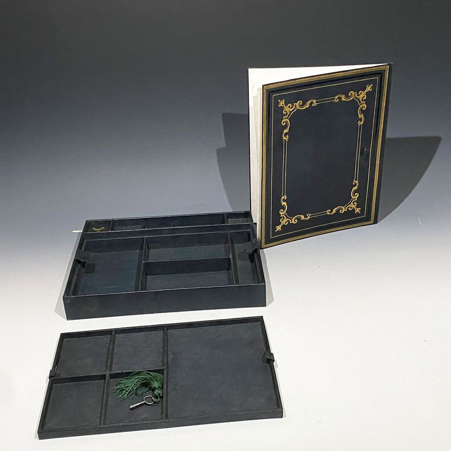 Antique #10125 A Very Fine Victorian Green Embossed Grained Leather Combined Writing & Jewellery Box.