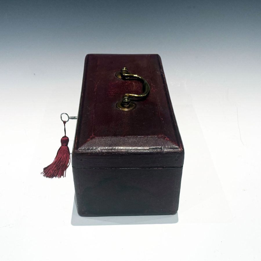 Antique #10214 A Small Georgian Burgundy Leather Despatch Box with Davis’s Patent Lock.