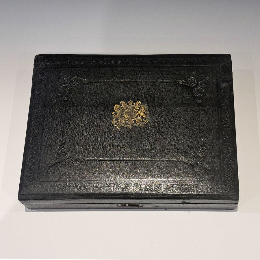 Antique #10183 A Victorian Black Leather Documents Box with Coat of Arms