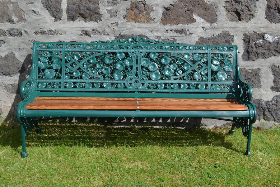Antique Victorian Coalbrookdale Cast Iron & Oak Nasturtium Pattern Garden Seat Bench, C 1870