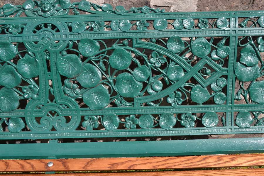 Antique Victorian Coalbrookdale Cast Iron & Oak Nasturtium Pattern Garden Seat Bench, C 1870