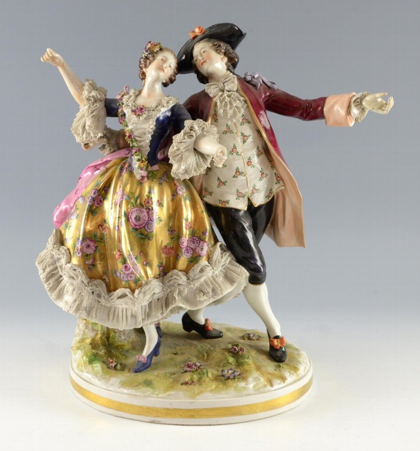 Antique Dresden porcelain figural group of a dancing couple, the lady's ...