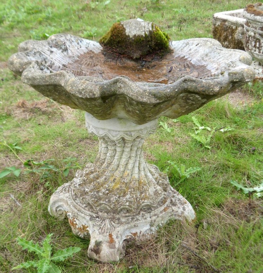 Antique Composite stone bird bath in the form of a shell 45cm high