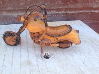 Antique Late 20th century extremely cleverly made wooden model of a motor bike 