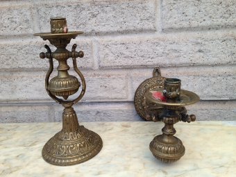 Antique Extremely rare pair of early 19th century heavy cast brass and ornately decorated, ships swing- cradle candle holders 
