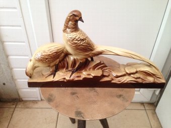Antique French 20th century ceramic figure of a pair of game birds in excellent condition, possibly pheasants 57cm by 31cm by 12cm 