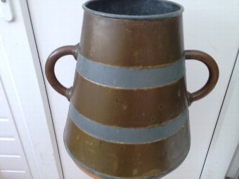 Antique Very attractive and unusual late 19th century early 20th 32cm high megaphone shaped 2 handled barrel with (military shell) coloured brass patina