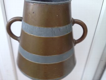 Antique Very attractive and unusual late 19th century early 20th 32cm high megaphone shaped 2 handled barrel with (military shell) coloured brass patina
