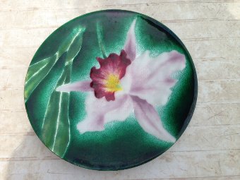 Antique Mid-20th century Japanese enamelled 12cm plate, depicting a large chrysanthemum flower 