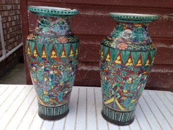 Antique A pair of late 19th early 20th century very attractive 30cm Chinese multi coloured heavy ceramic vases  