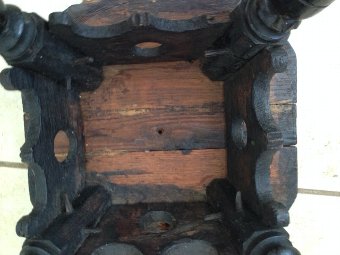 Antique A quite rare and extremely charming 31cm by 27cm black stained French/possibly Dutch early 18th century oak pegged 4-legged provincial cavalier foot stool. 
