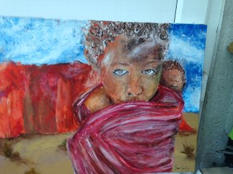 An extremely compelling artwork of a young African girl carrying a child on her back.