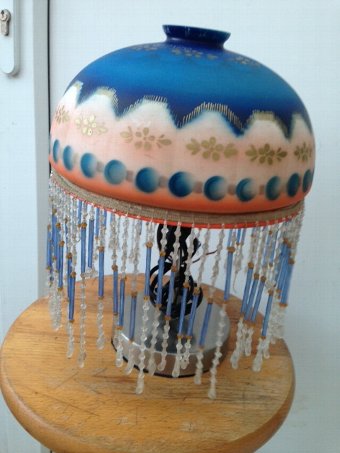 Antique An attractive art-deco acid etched 25cm in diameter table lampshade with strung glass beading.