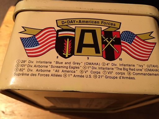 Antique  French biscuit tin, celebrating the fiftieth adversary D.DAY landing of June the 6th 1944. 