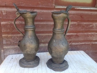 Antique Pair of large honest early 18th century French Pewter flagons 39cm high by 18cm wide.