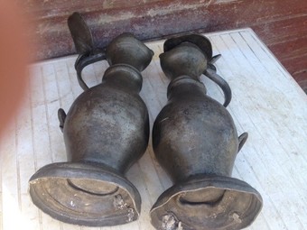 Antique Pair of large honest early 18th century French Pewter flagons 39cm high by 18cm wide.