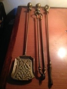 Antique Possibly one of a kind and extremely usual set of 19th early 20th century heavy brass fire irons.