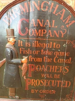 Antique An authentic rare 19th century wood and plaster Birmingham canal gamekeepers warning sign.