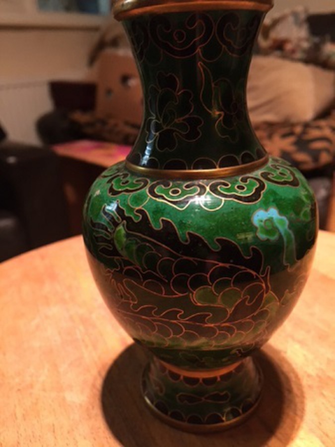 Antique A  late 19th early 20th century 13cm beautiful emerald, green Chinese cloisonne vase exquisitely decorated with an imperial dragon. 