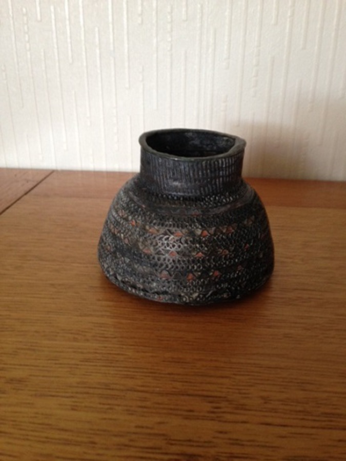 Antique An extremely early primitive and very rare Chinese 7cm high tapering metal cylinder-shaped vase. 