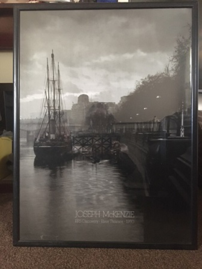 Antique A superb black and white portrait sized print 82cm by 62cm of the photograph by Joseph McKenzie in 1950 of the ship RRS Discovery moored on the river Thames 