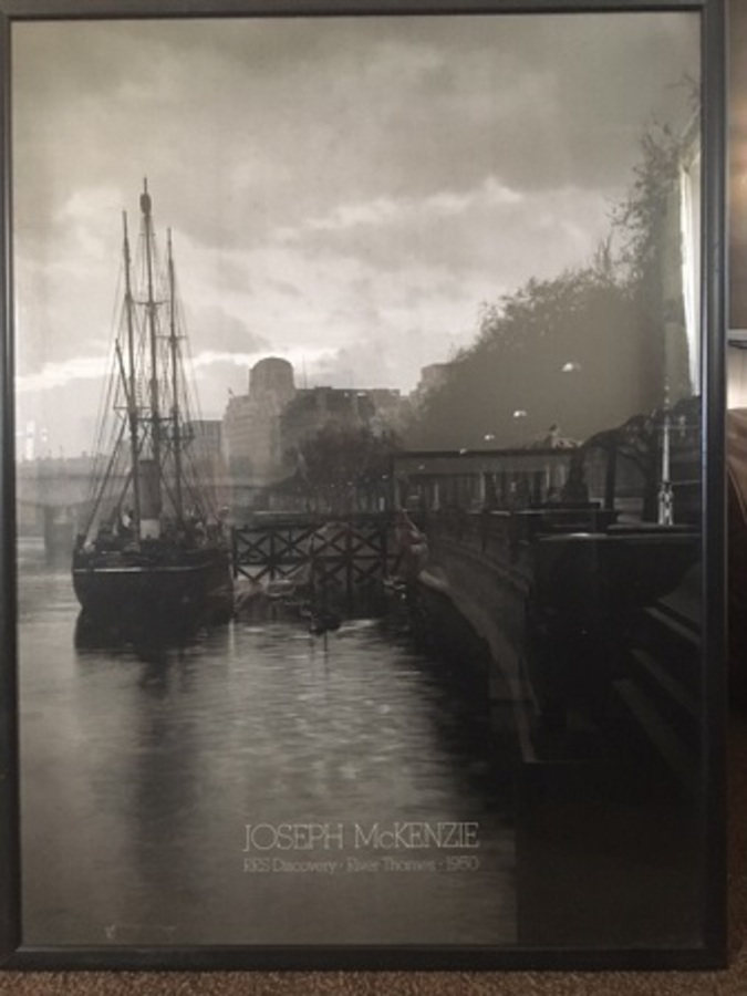 Antique A superb black and white portrait sized print 82cm by 62cm of the photograph by Joseph McKenzie in 1950 of the ship RRS Discovery moored on the river Thames 