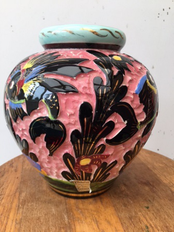 Antique An exquisite early to mid-20th century 19cm designer vase by -Cudazur of Monaco elaborately decorated with fish.