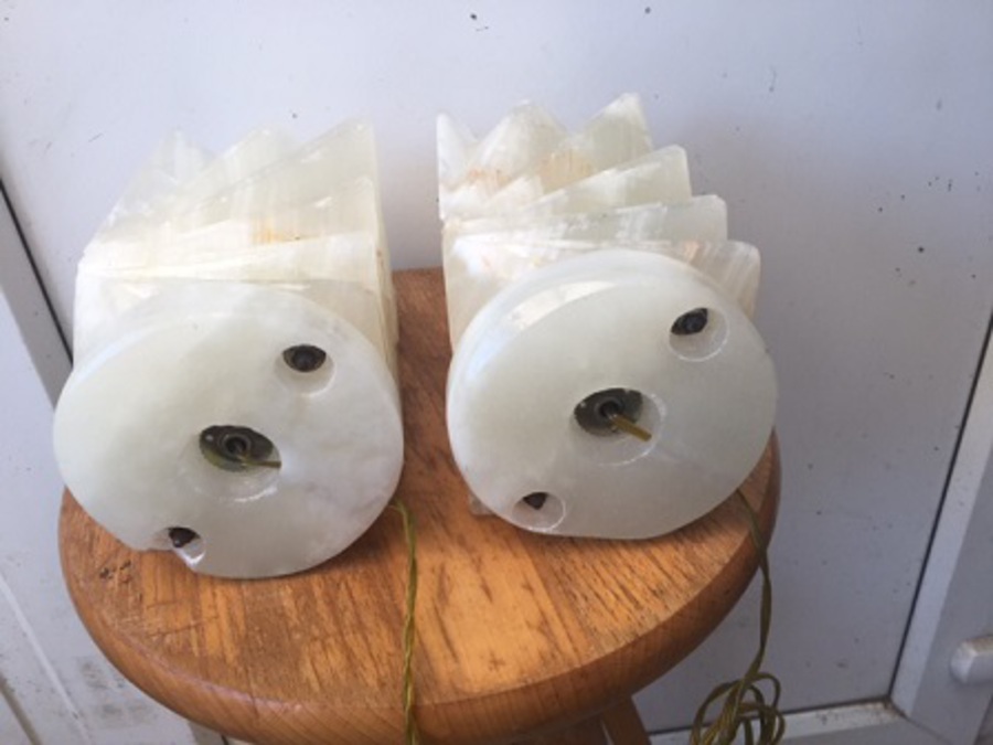 Antique A fabulous pair of art-deco heavy 21cm high by 10cm wide carved white multi-grained onyx art-deco side table lights. 