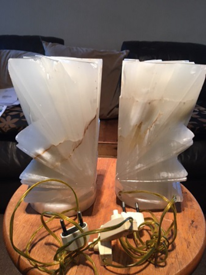 Antique A fabulous pair of art-deco heavy 21cm high by 10cm wide carved white multi-grained onyx art-deco side table lights. 