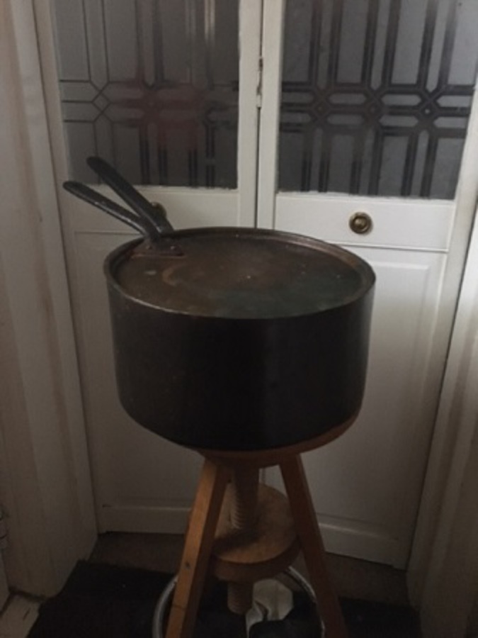 Antique an early 19th century English heavy gauge large copper unpolished kitchen saucepan with lid 32cm in diameter and 16cm in depth with 2 iron handles. 