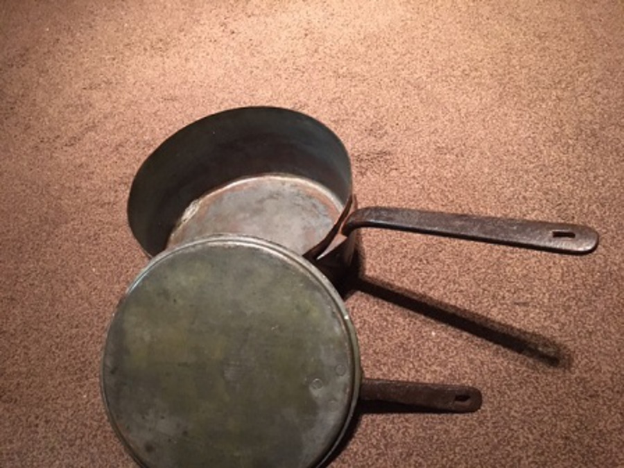 Antique an early 19th century English heavy gauge large copper unpolished kitchen saucepan with lid 32cm in diameter and 16cm in depth with 2 iron handles. 