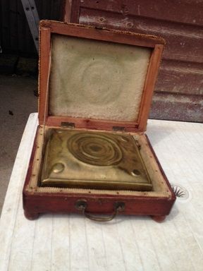 Antique Early 19th century coach/automobile wooden passenger seat/foot warmer with a brass tank insert.