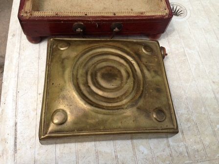 Antique Early 19th century coach/automobile wooden passenger seat/foot warmer with a brass tank insert.
