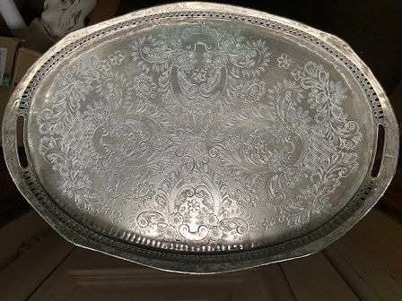 Antique  Early to mid-20th century Islamic white metal as (silver content unknown) ornately decorated oval tray with 2 tea pots.