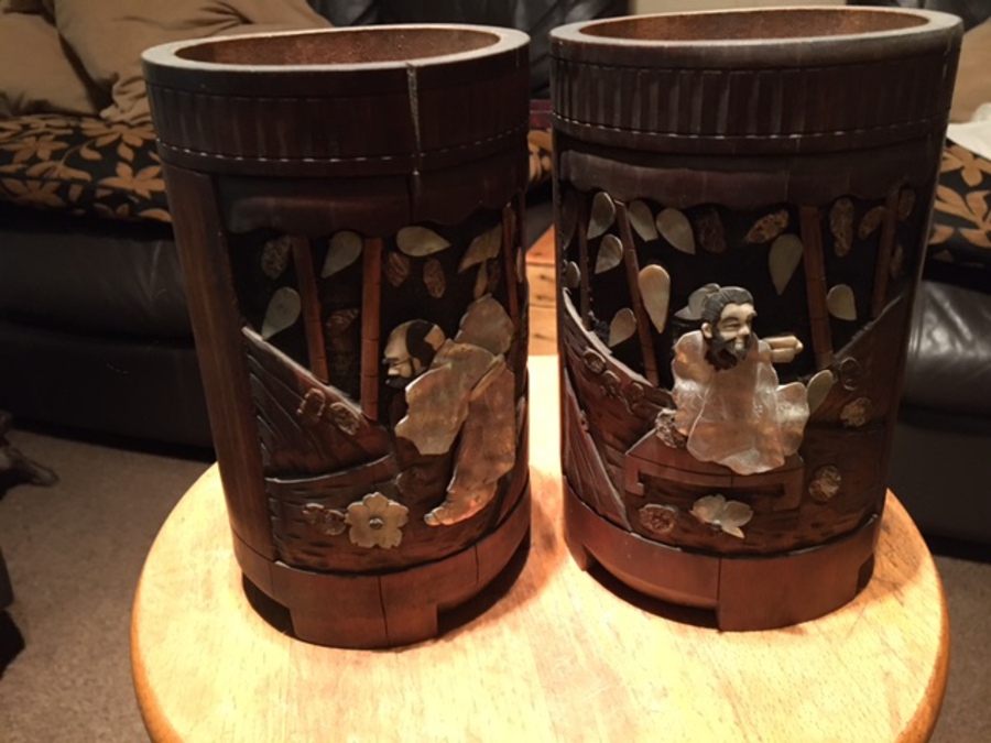 Antique A  pair of late 19th early 20th century oriental bamboo brush pots decorated with a mother of pearl image and foliage. 